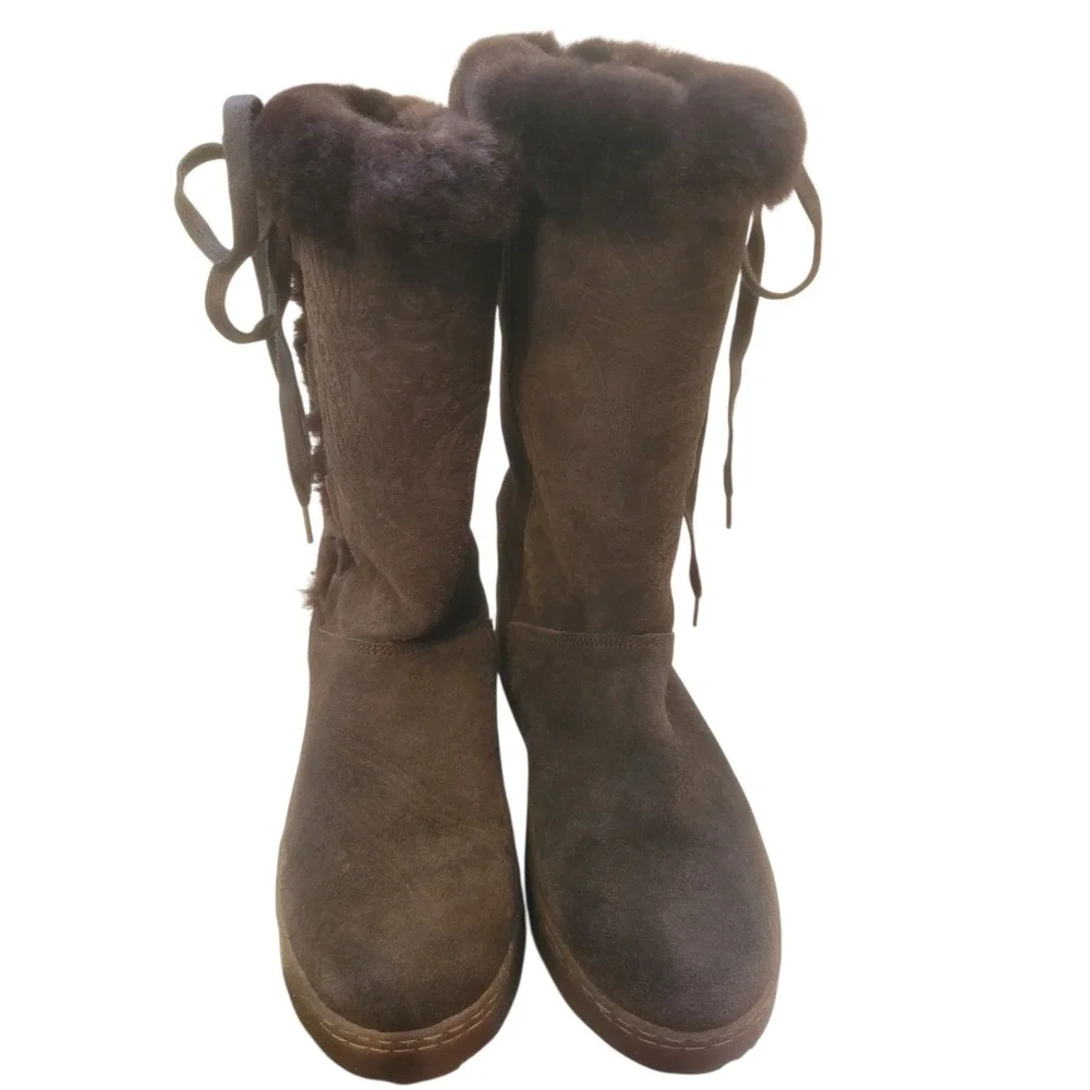 Bearpaw Boots Womens 8 Bristol Tooled Shearling Brown Suede Pull On Mid-Calf‎